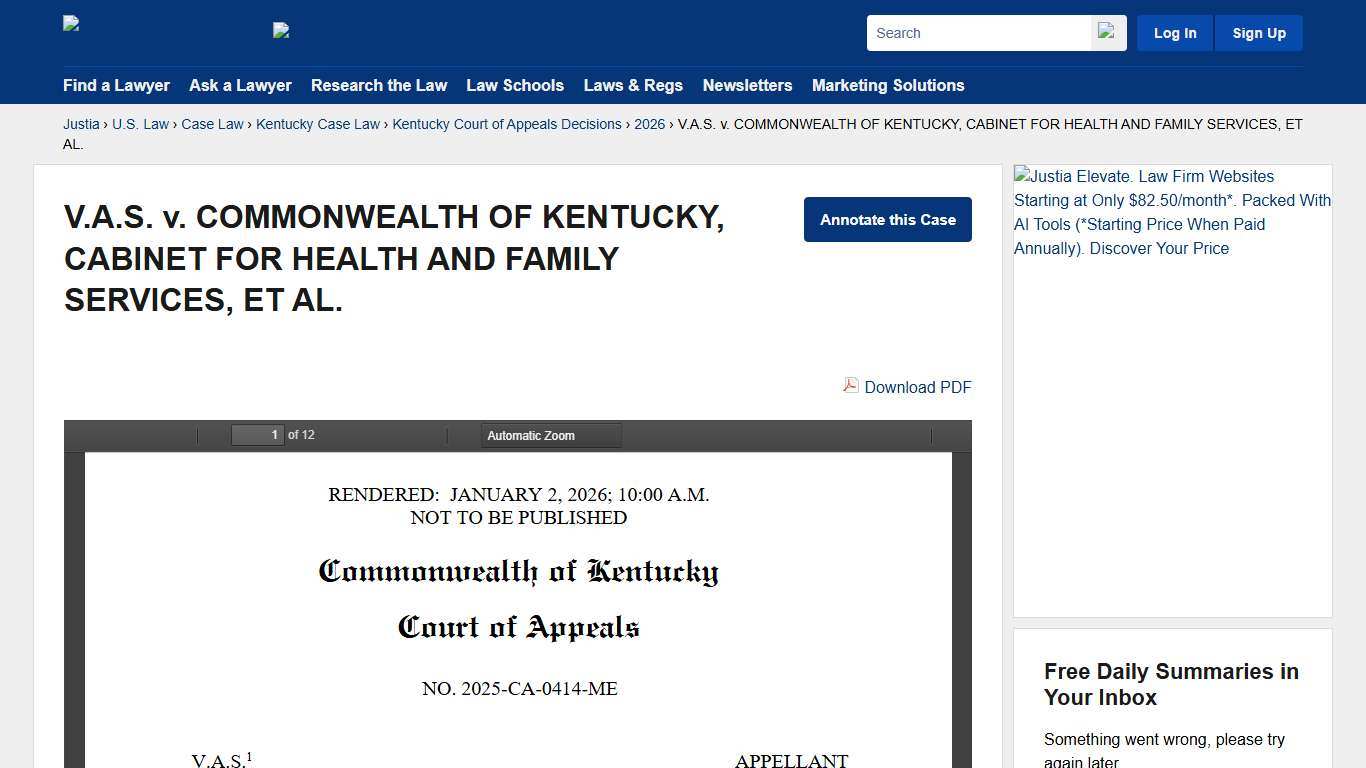 V.A.S. v. COMMONWEALTH OF KENTUCKY, CABINET FOR HEALTH AND FAMILY SERVICES, ET AL. :: 2026 :: Kentucky Court of Appeals Decisions :: Kentucky Case Law :: Kentucky Law :: U.S. Law :: Justia