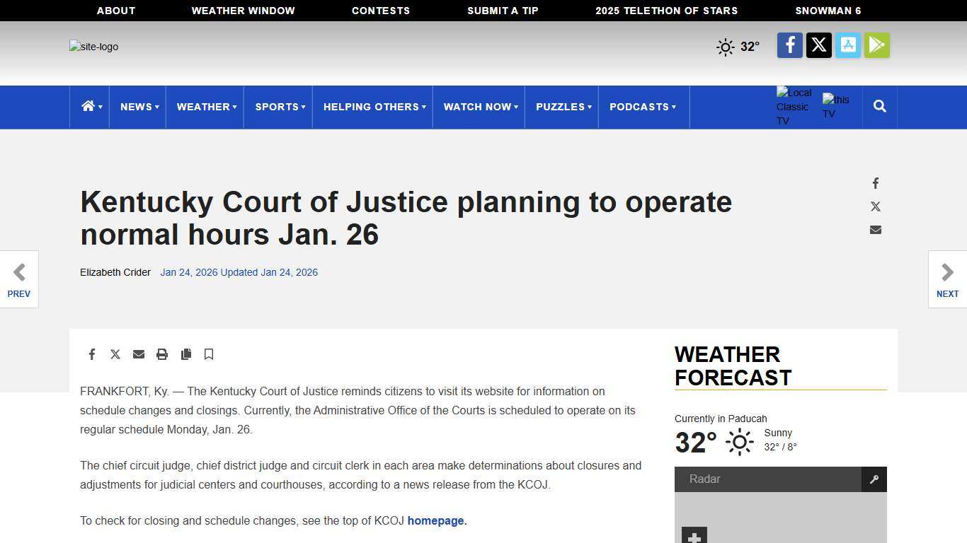 Kentucky Court of Justice planning to operate normal hours Jan. 26 <span class="tnt-section-tag no-link">News</span> WPSD Local 6